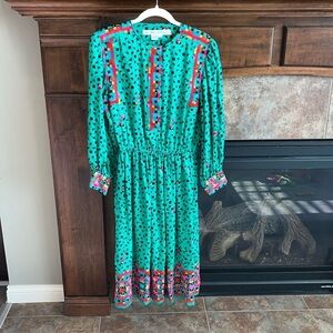 Vintage bold statement colorful geometric 100% silk long sleeve dress est medium
